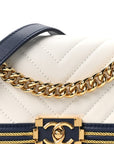 Calfskin Chevron Quilted Braided Small Boy Flap White Navy