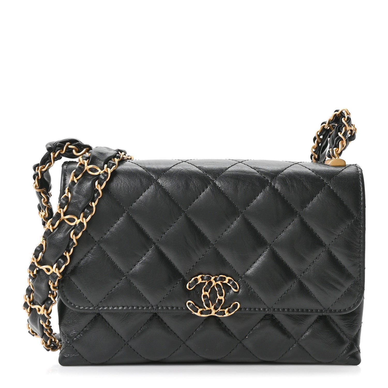 Lambskin Quilted CHNL 19 Chain Flap Wallet Black