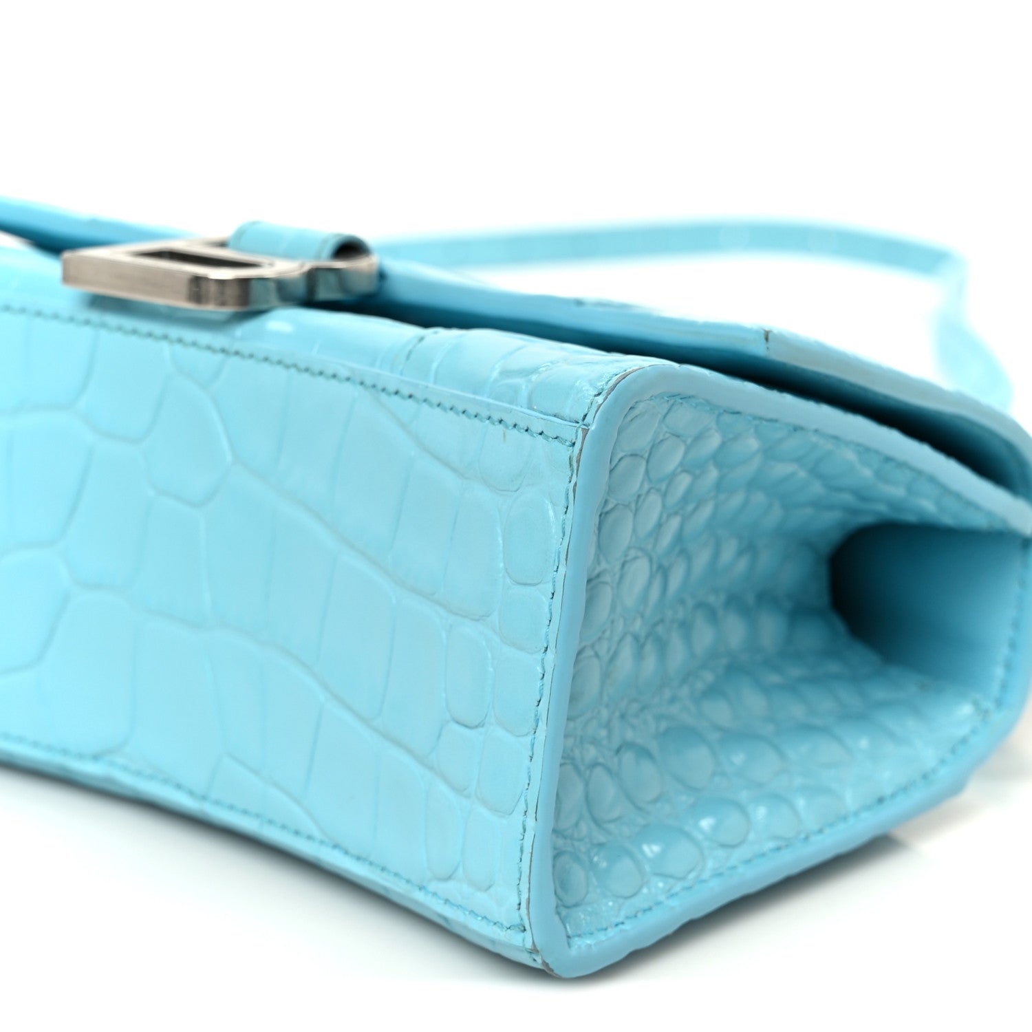Shiny Calfskin Crocodile Embossed Hourglass Top Handle Bag XS Turquoise