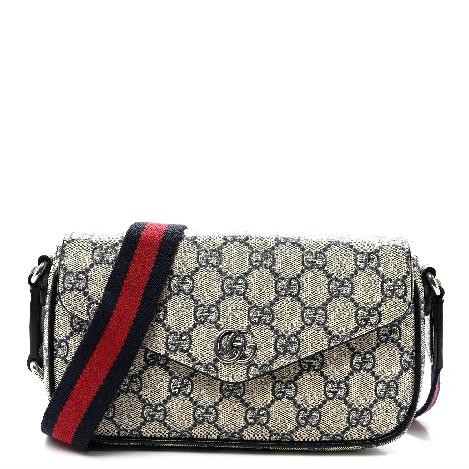 GG Supreme Monogram Textured Dollar Calfskin Web Mini Ophidia Envelope Shoulder Bag Beige Blue