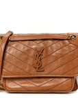 Crinkled Calfskin Matelasse Monogram Medium Niki Chain Satchel Caramel