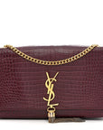 Calfskin Crocodile Embossed Medium Classic Monogram Kate Tassel Satchel Dark Red