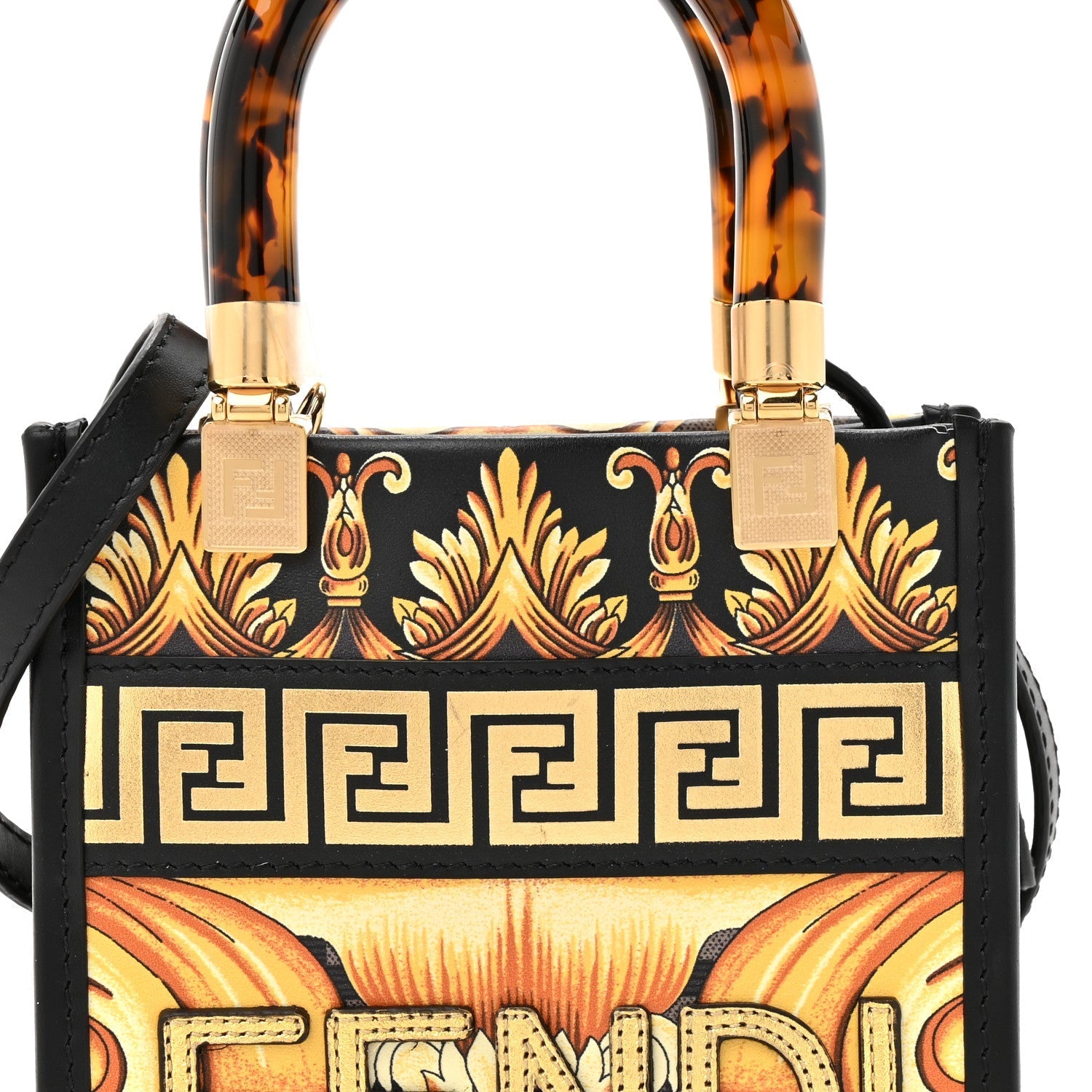 X VERSACE Vitello King Catalan Mirror Plexiglass Fendace FF Baroque Logo Mini FNDI Sunshine Shopper Tote Black Gold