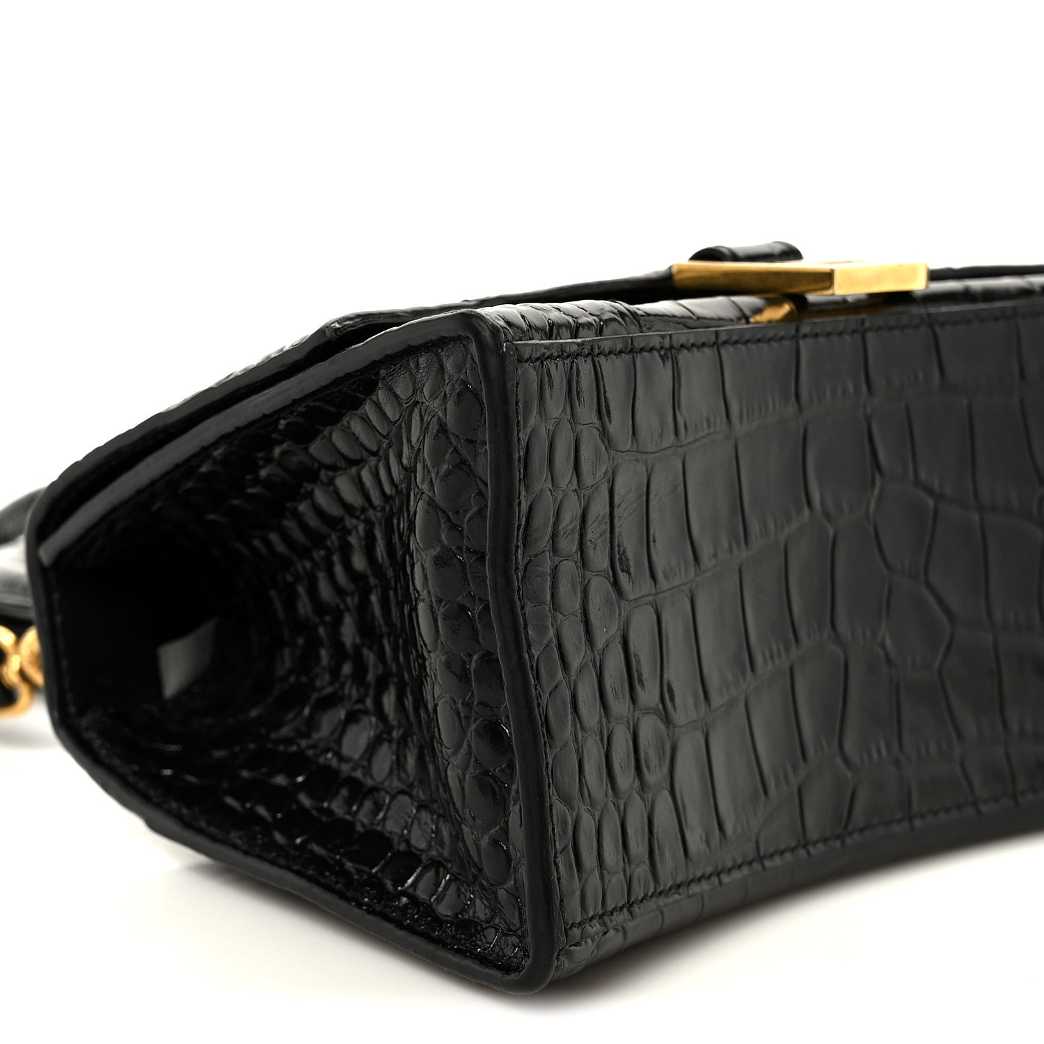 Shiny Calfskin Crocodile Embossed Small Hourglass Top Handle Bag Black