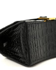 Shiny Calfskin Crocodile Embossed Small Hourglass Top Handle Bag Black