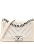 Lambskin Iridescent PVC Chevron Quilted Medium Boy Flap White Silver