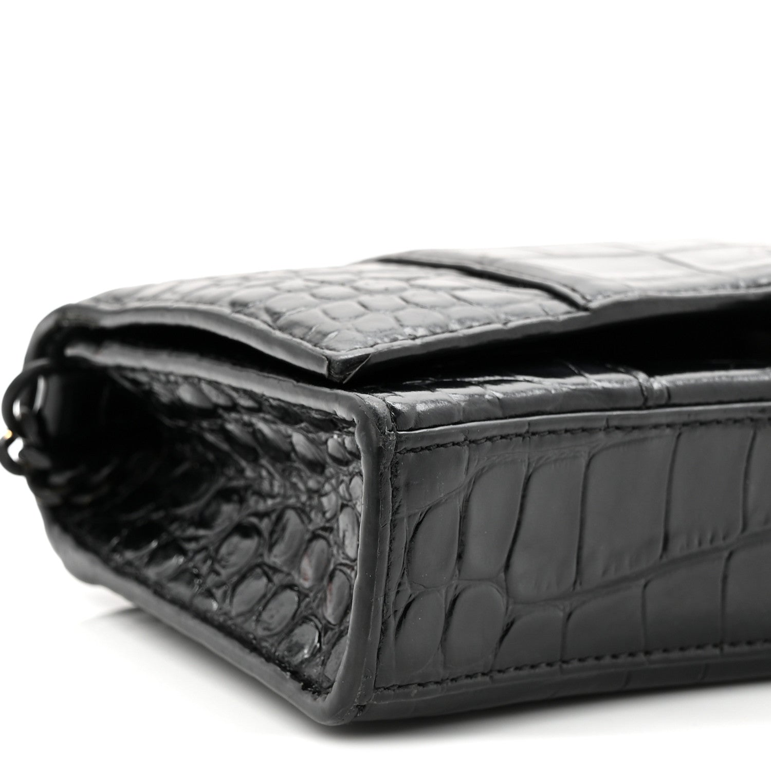 Shiny Calfskin Monochrome Crocodile Embossed Hourglass Chain Bag Black