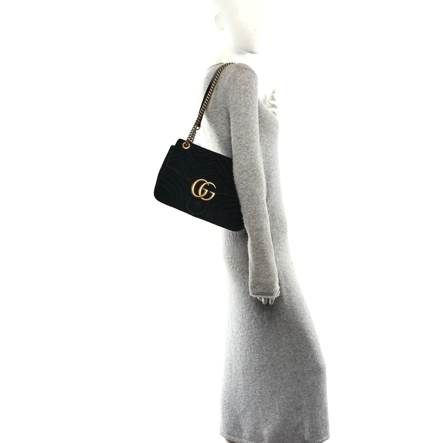 Velvet Matelasse Medium GG Marmont Shoulder Bag Black