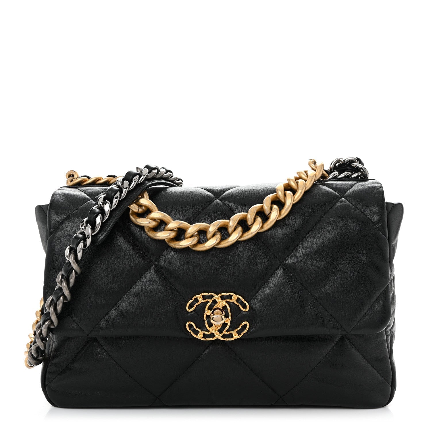 Shiny Goatskin Quilted Large CHNL 19 Flap Black