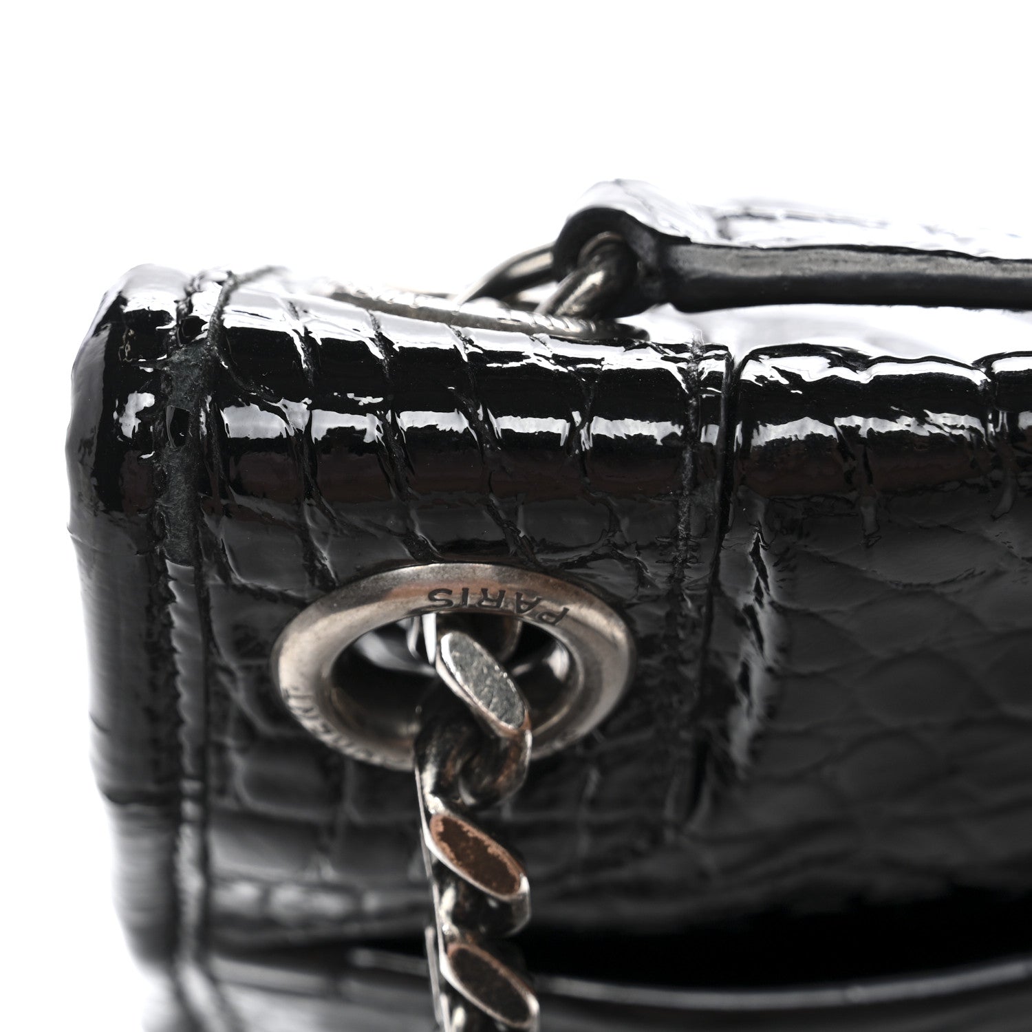 Patent Crocodile Embossed Lambskin Monogram Medium Niki Chain Satchel Black