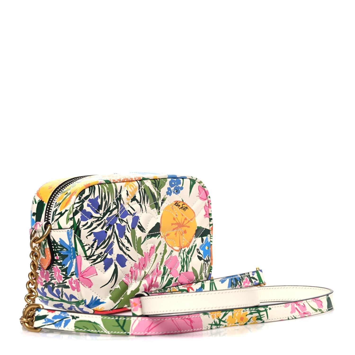 X KEN SCOTT Calfskin Matelasse Floral Print Mini GG Marmont Chain Shoulder Bag Ivory Pink