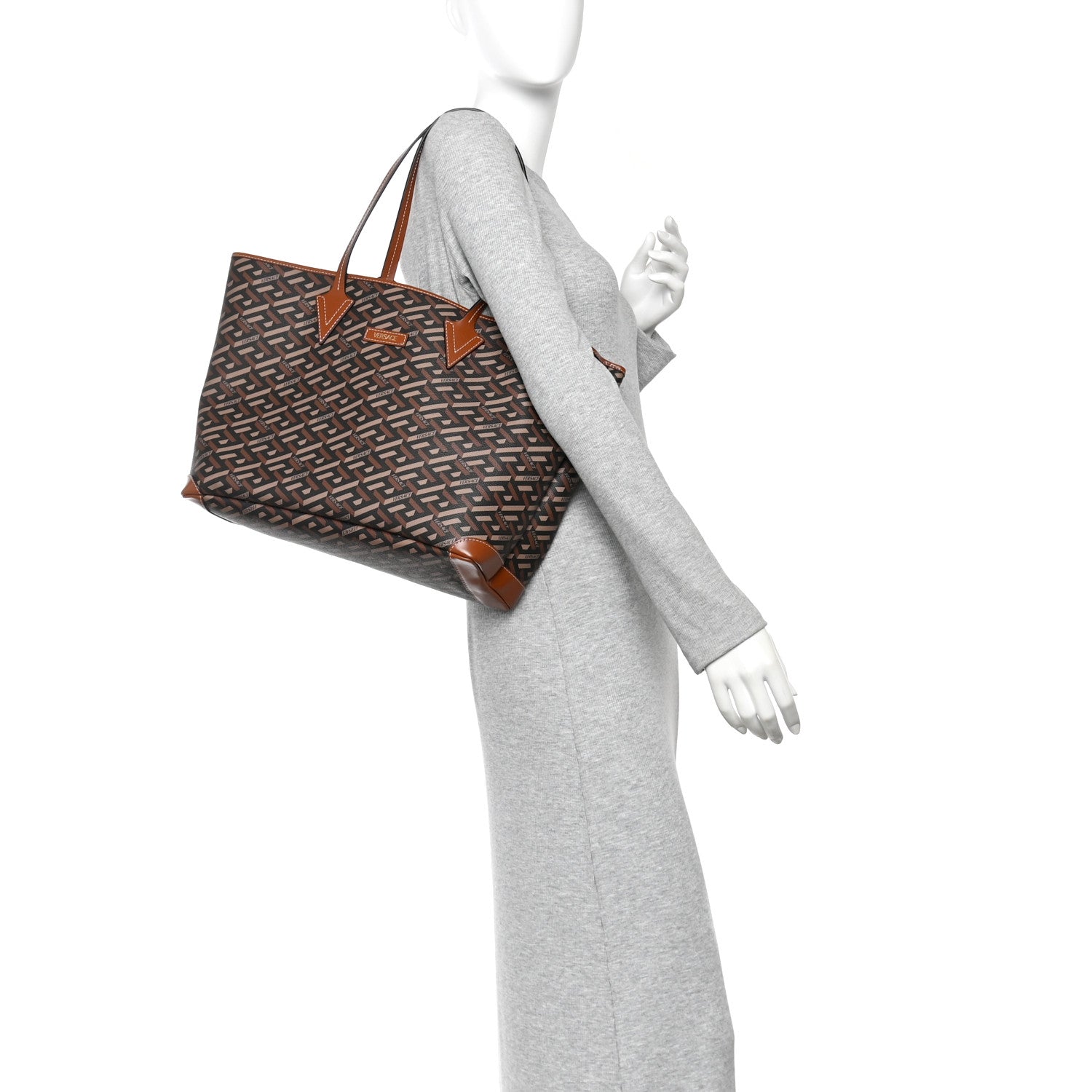 Coated Canvas Calfskin La Greca Signature Shopper Tote Bag Black Caramel