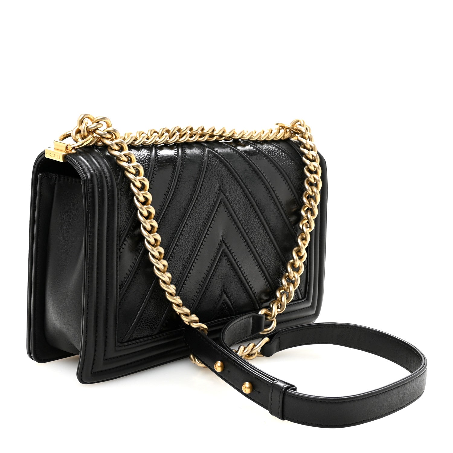 Calfskin Caviar Suede Chevron New Medium Boy Flap Black