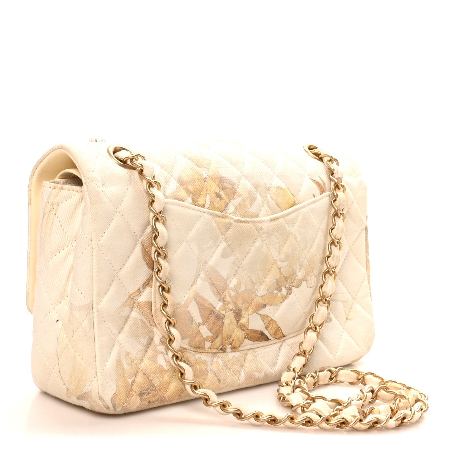 Denim Floral Printed Medium Double Flap Beige