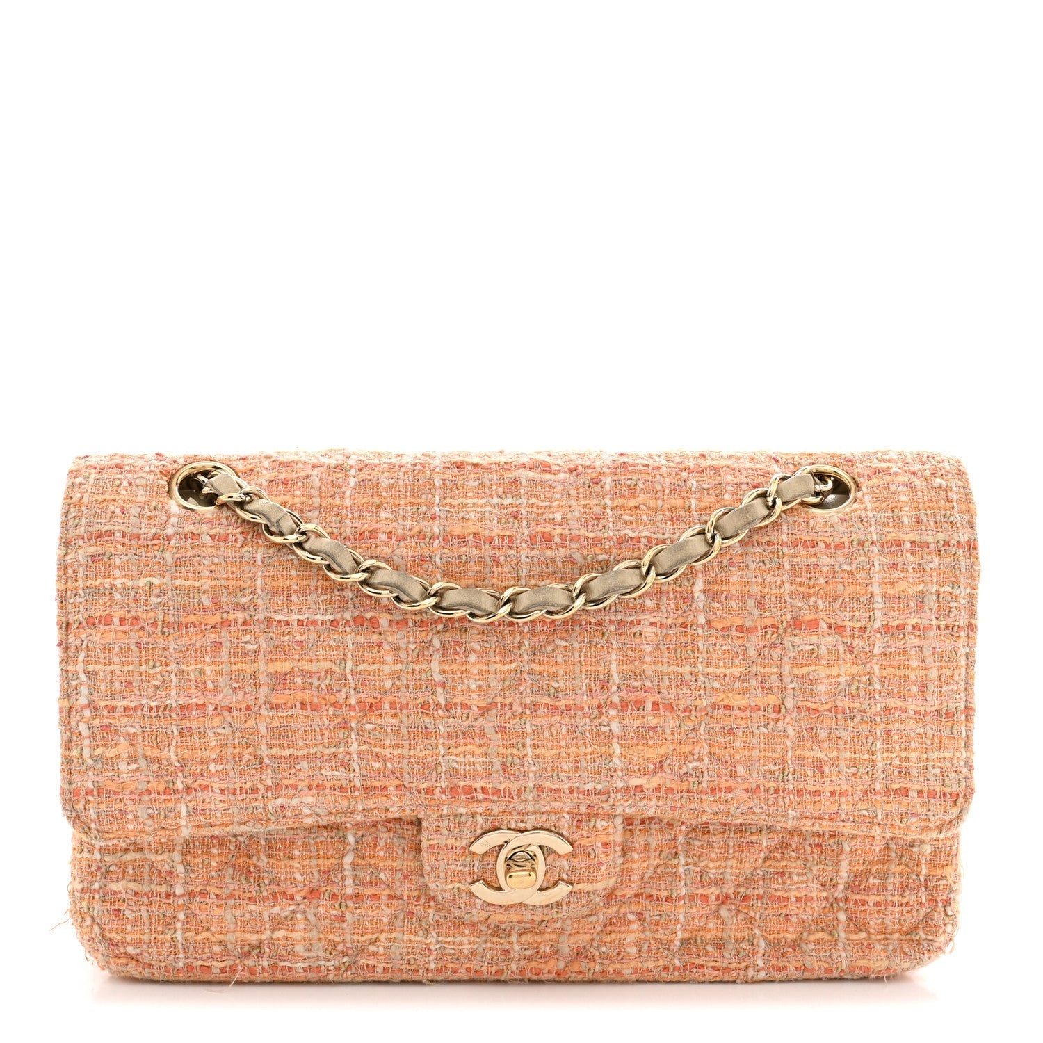 Tweed Quilted Medium Double Flap Orange Beige Multicolor