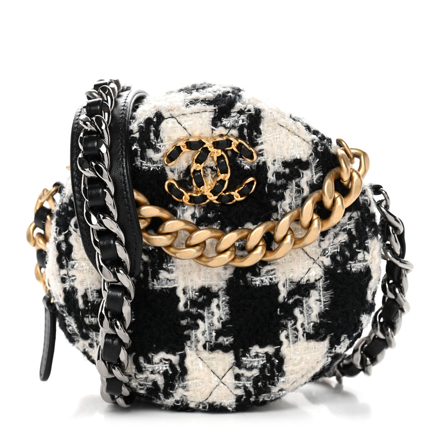 Wool Tweed Lambskin Quilted CHNL 19 Round Clutch With Chain and Coin Purse Black White