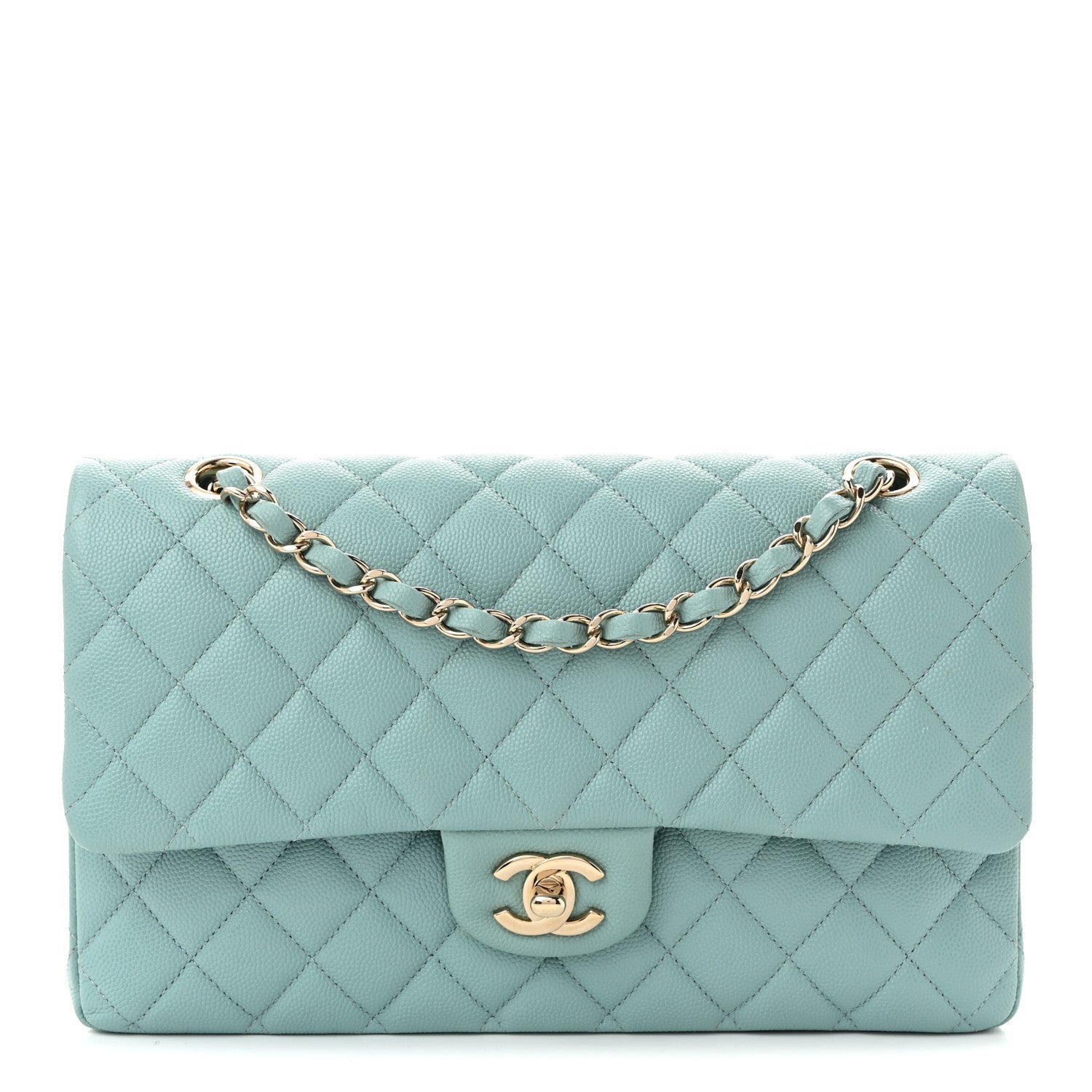 Caviar Quilted Medium Double Flap Light Blue