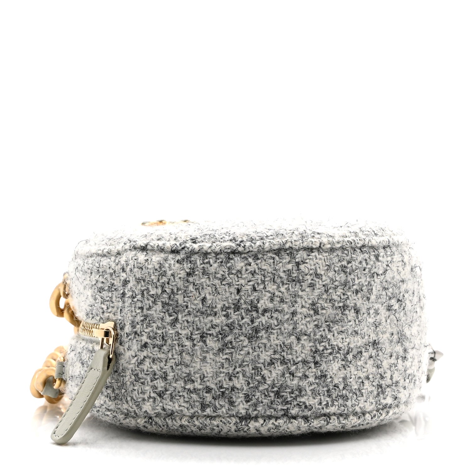 Wool Tweed Lambskin Quilted CHNL 19 Round Clutch With Chain Grey Ecru