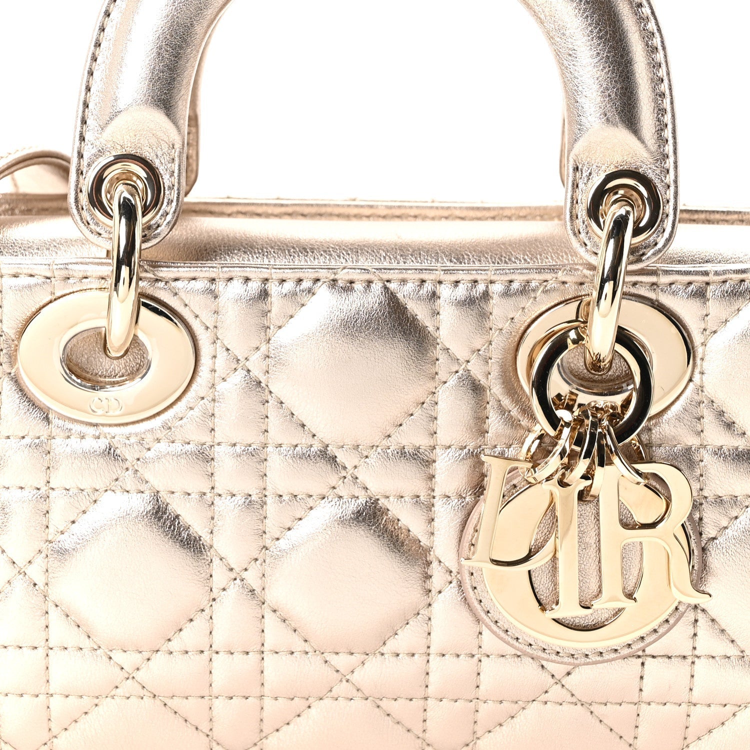 Metallic Lambskin Cannage Small Lady D-Joy Champagne