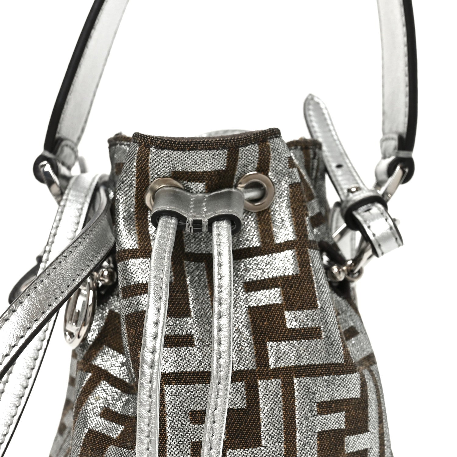 Vitello Catalan Mirror Canvas Fabric Jacquard FF 1974 Mini Mon Tresor Bucket Bag Ebano Argento