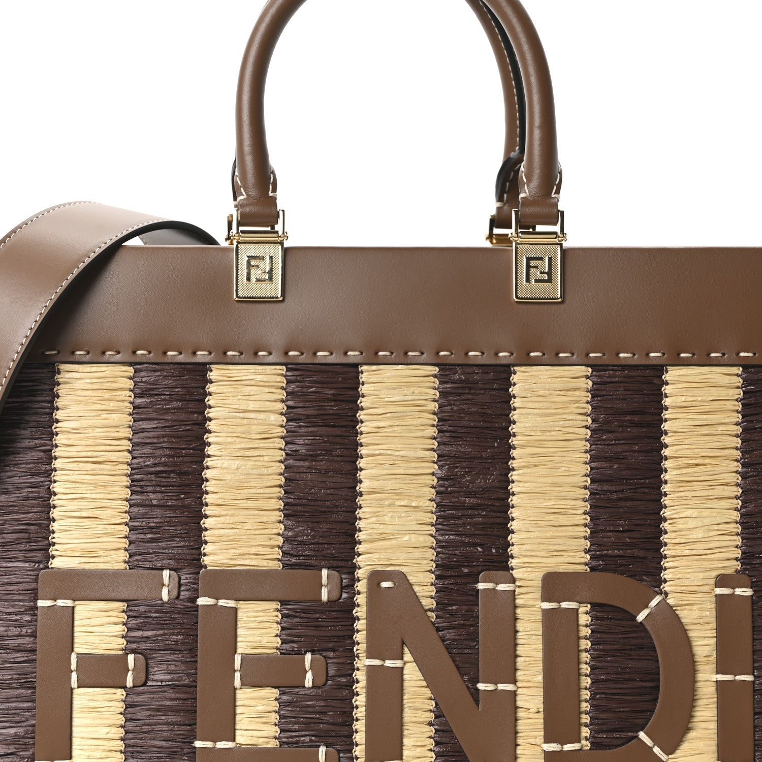 Paglia Pequin Vitello King Woven Medium FNDI Sunshine Shopper Tote Naturale Gianduia