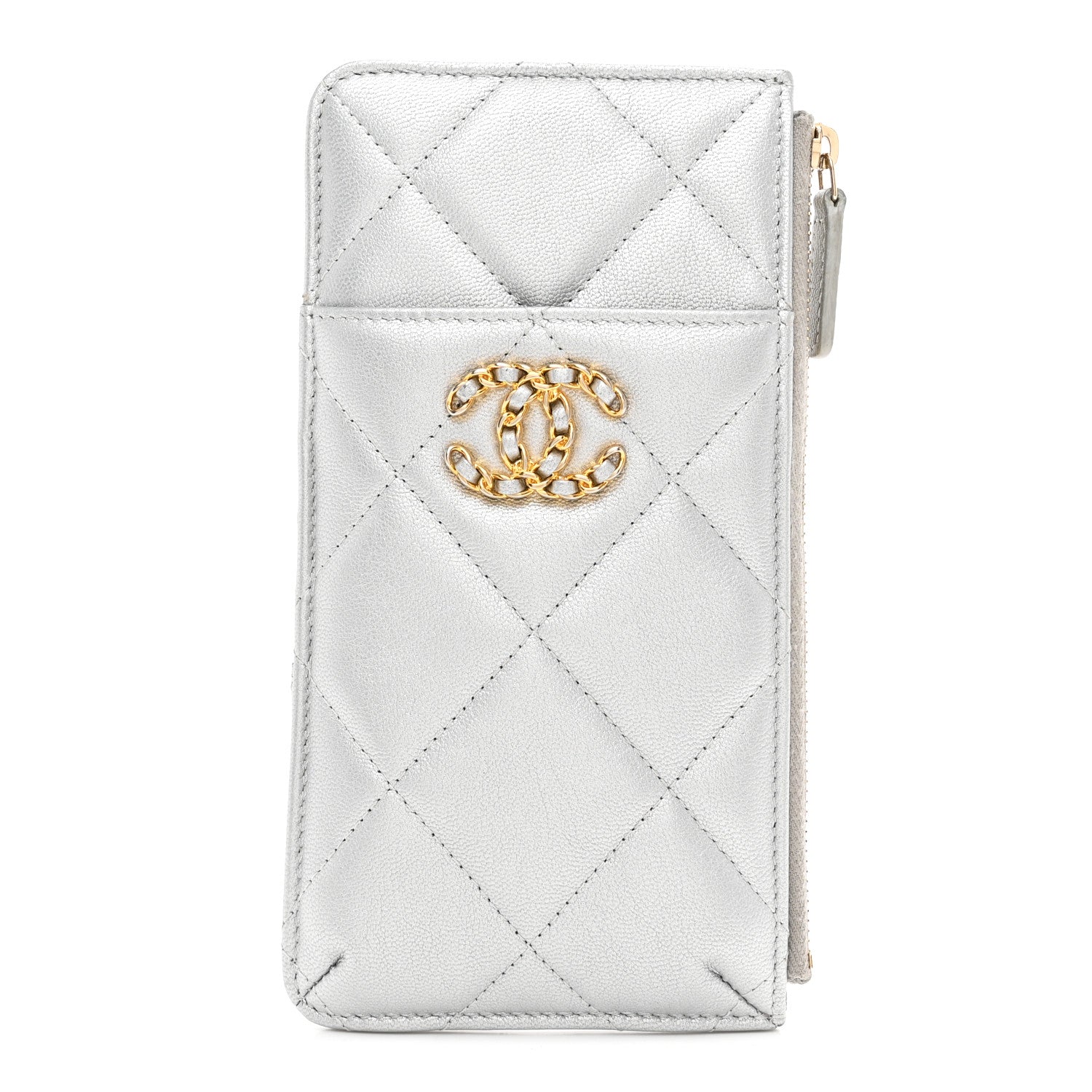 Lambskin Quilted CHNL 19 Phone and Card Holder Silver