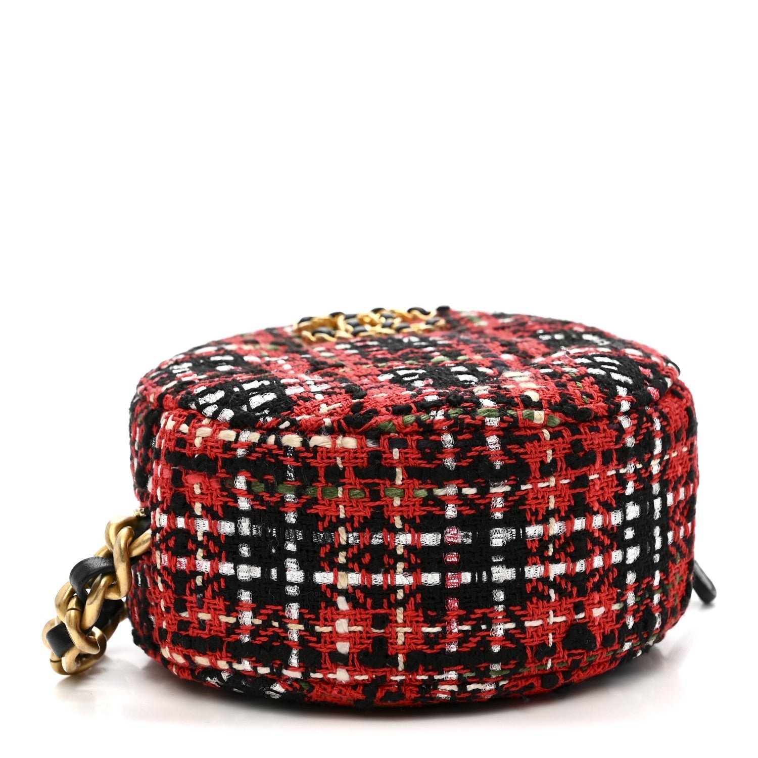 Tweed Quilted CHNL 19 Round Clutch With Chain  Red Black White Green