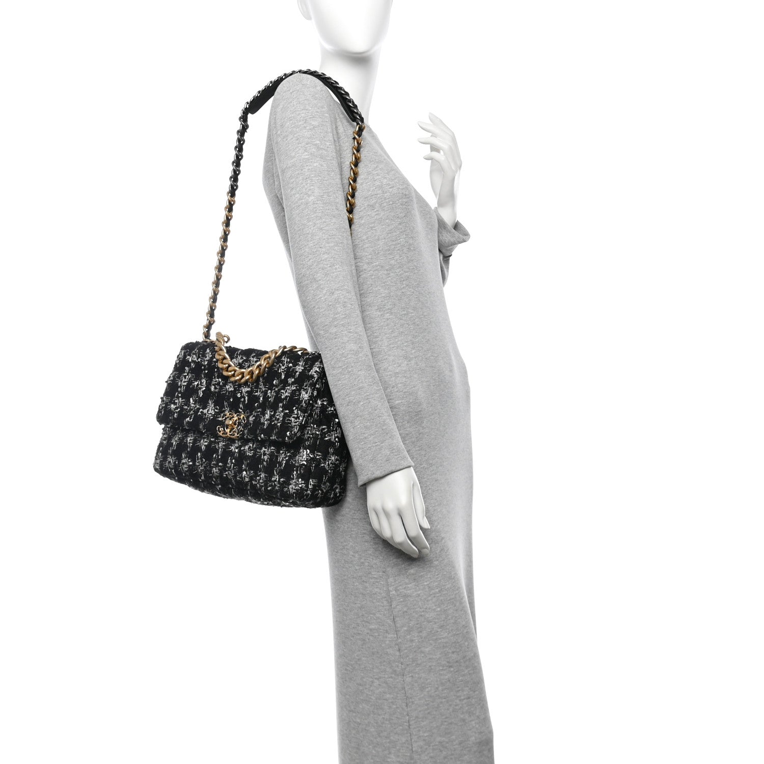 Tweed Quilted Large CHNL 19 Flap Black Silver Ecru