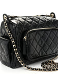 Shiny Crumpled Lambskin Quilted Medium Preppy Pocket Camera Case Black