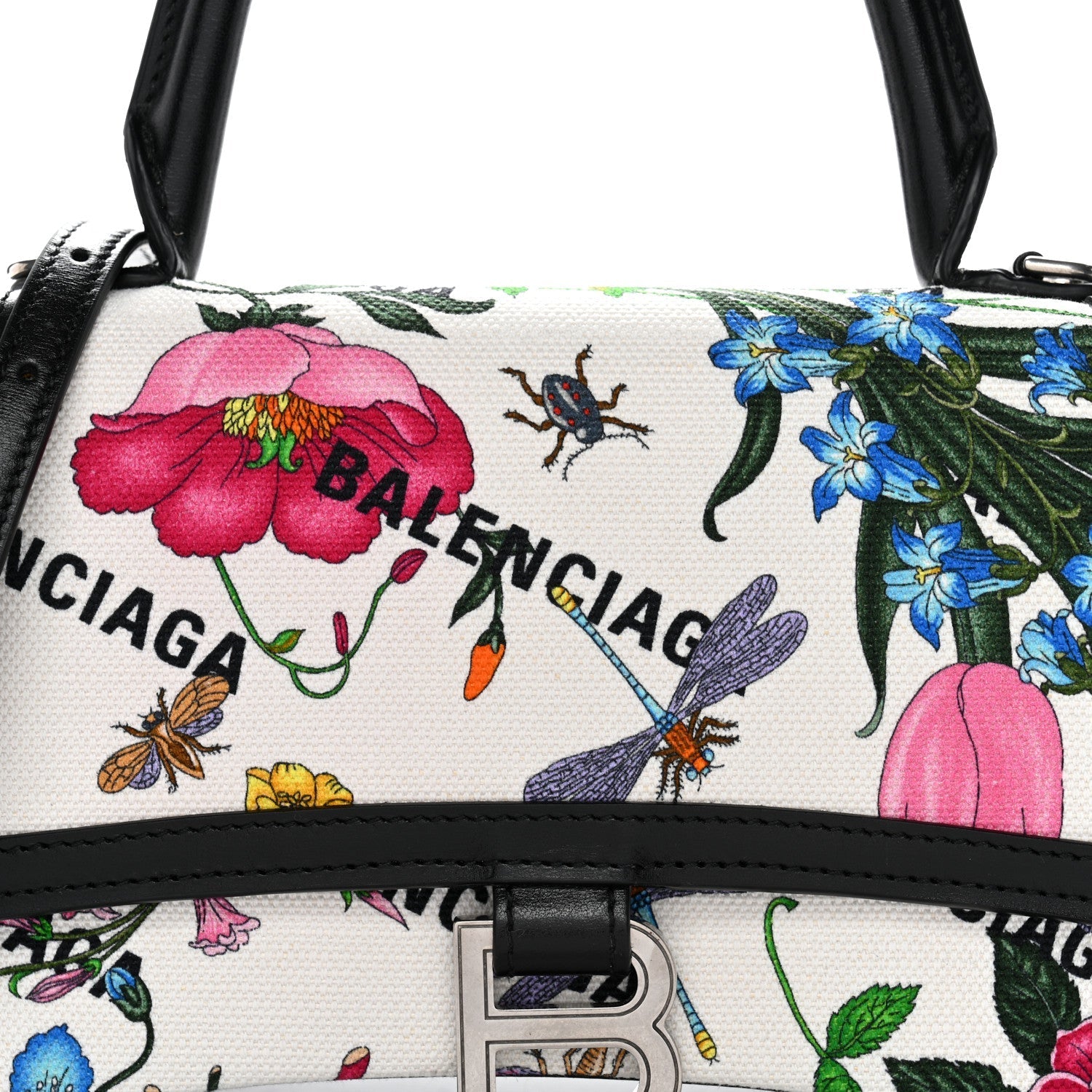 X GCCI Canvas Boarded Plutone Calfskin Flora Logo Print Small Hourglass Top Handle Bag White Multicolor Black