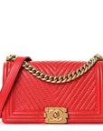 Lambskin Chevron Chain Stitched Medium Boy Flap Red