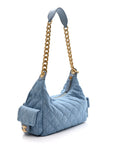 Washed Denim Quilted Large Trendy Pockets Hobo Blue