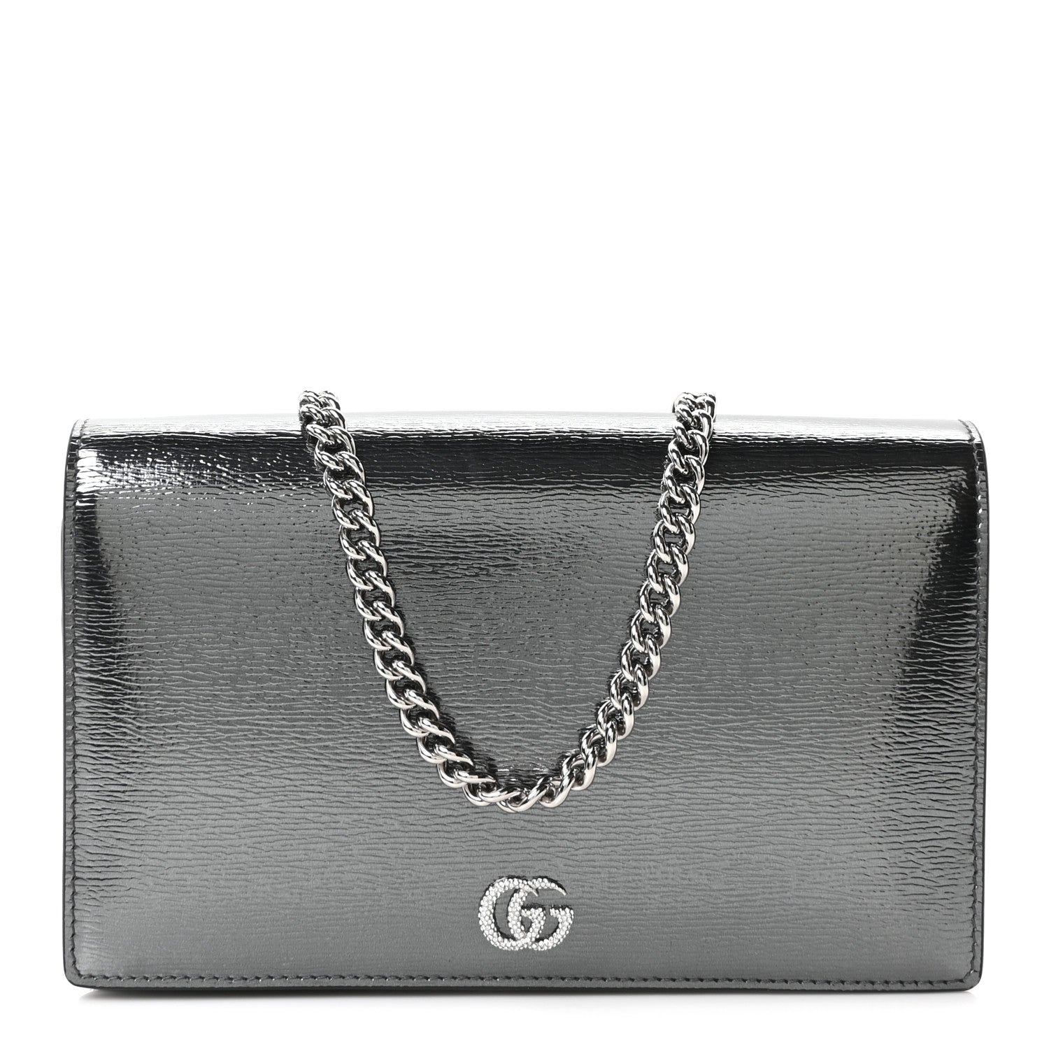 Textured Patent Bi-color GG Marmont Wallet on Chain  Silver Blue