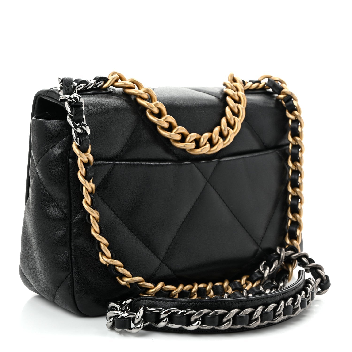 Shiny Goatskin Quilted Medium CHNL 19 Flap Black