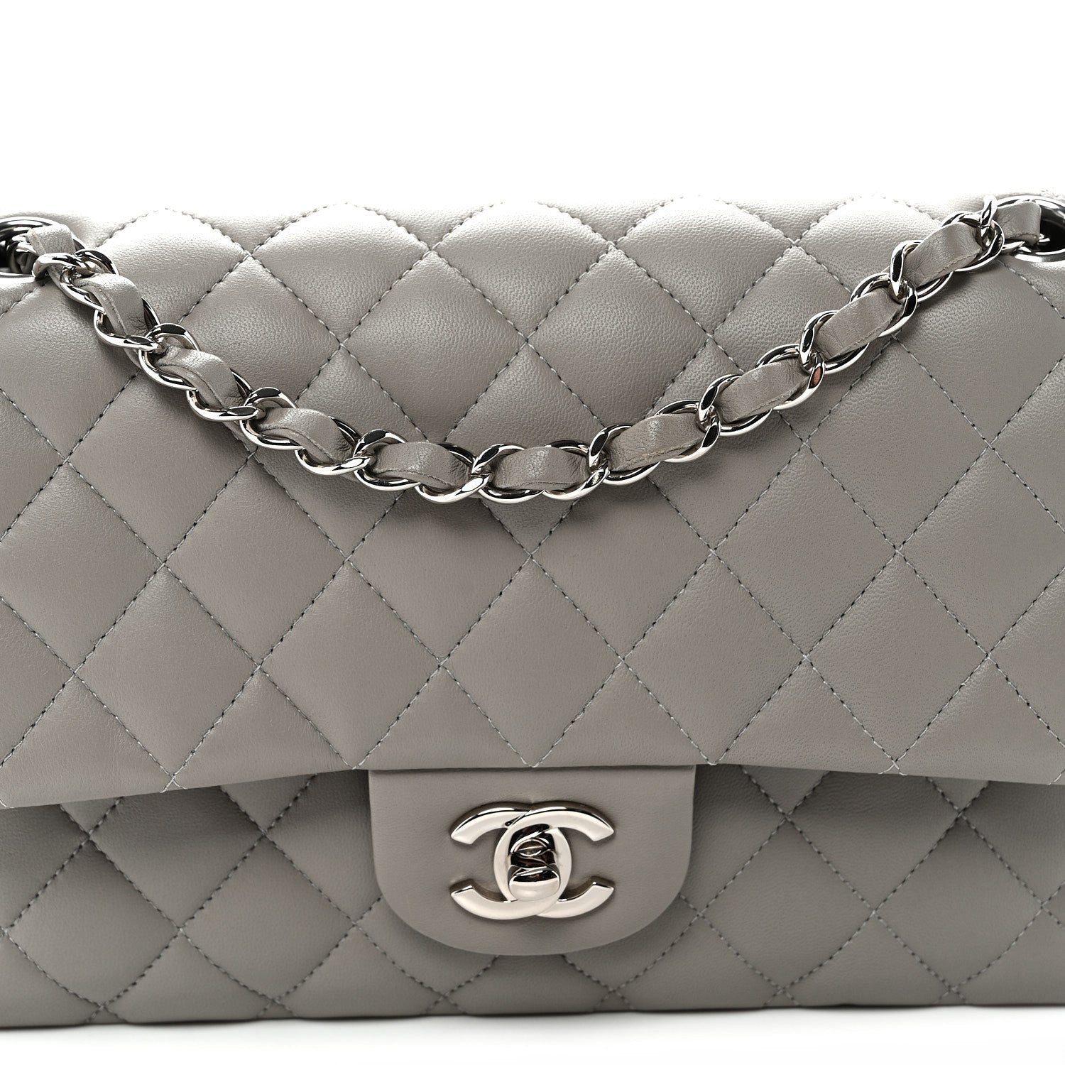 Lambskin Quilted Medium Double Flap Grey
