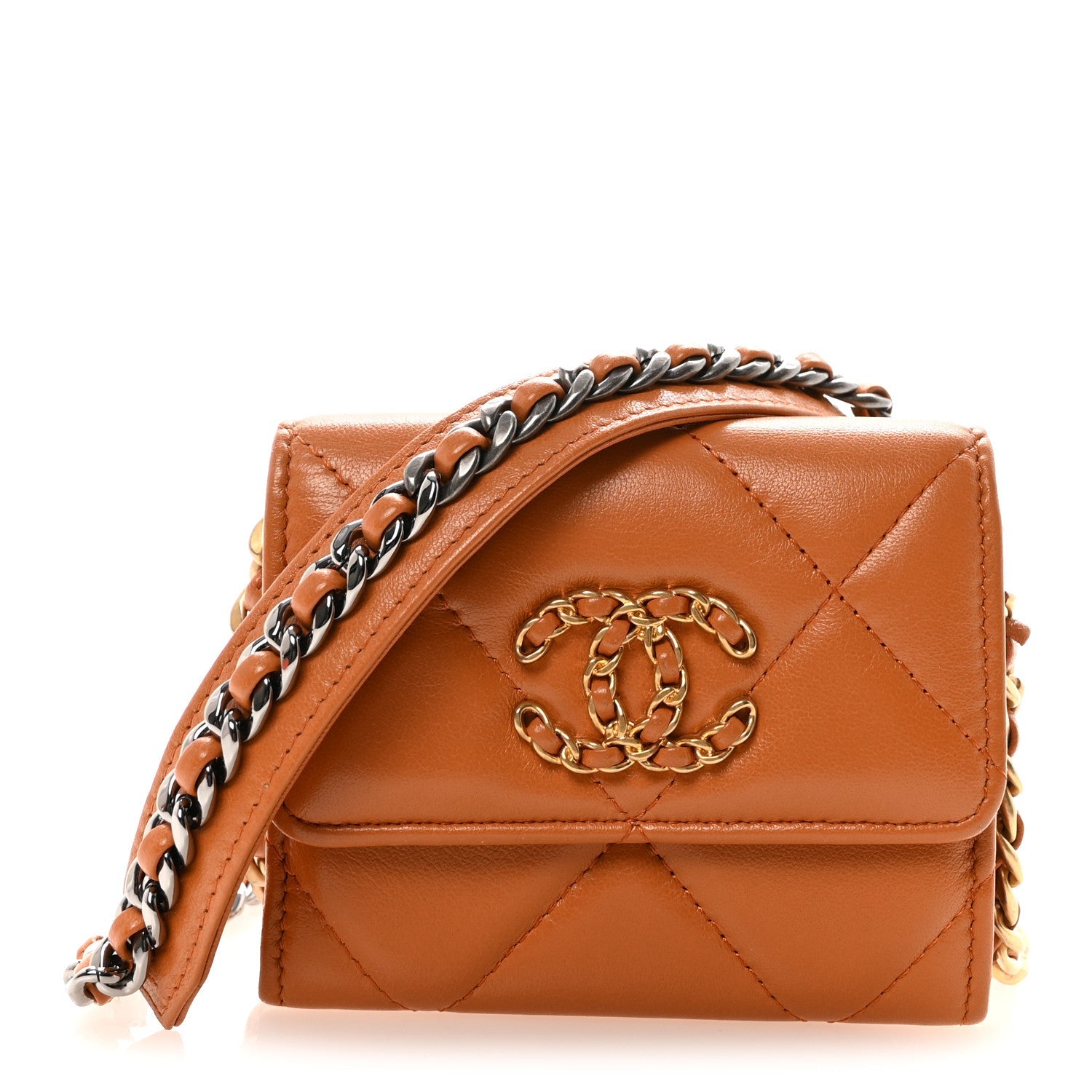 Lambskin Quilted CHNL 19 Flap Coin Purse With Chain Light Brown