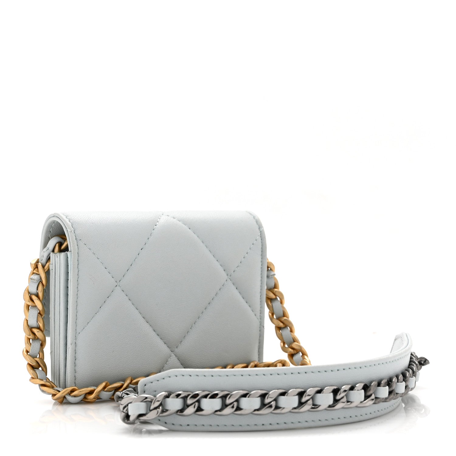 Lambskin Quilted CHNL 19 Flap Card Holder With Chain Light Blue