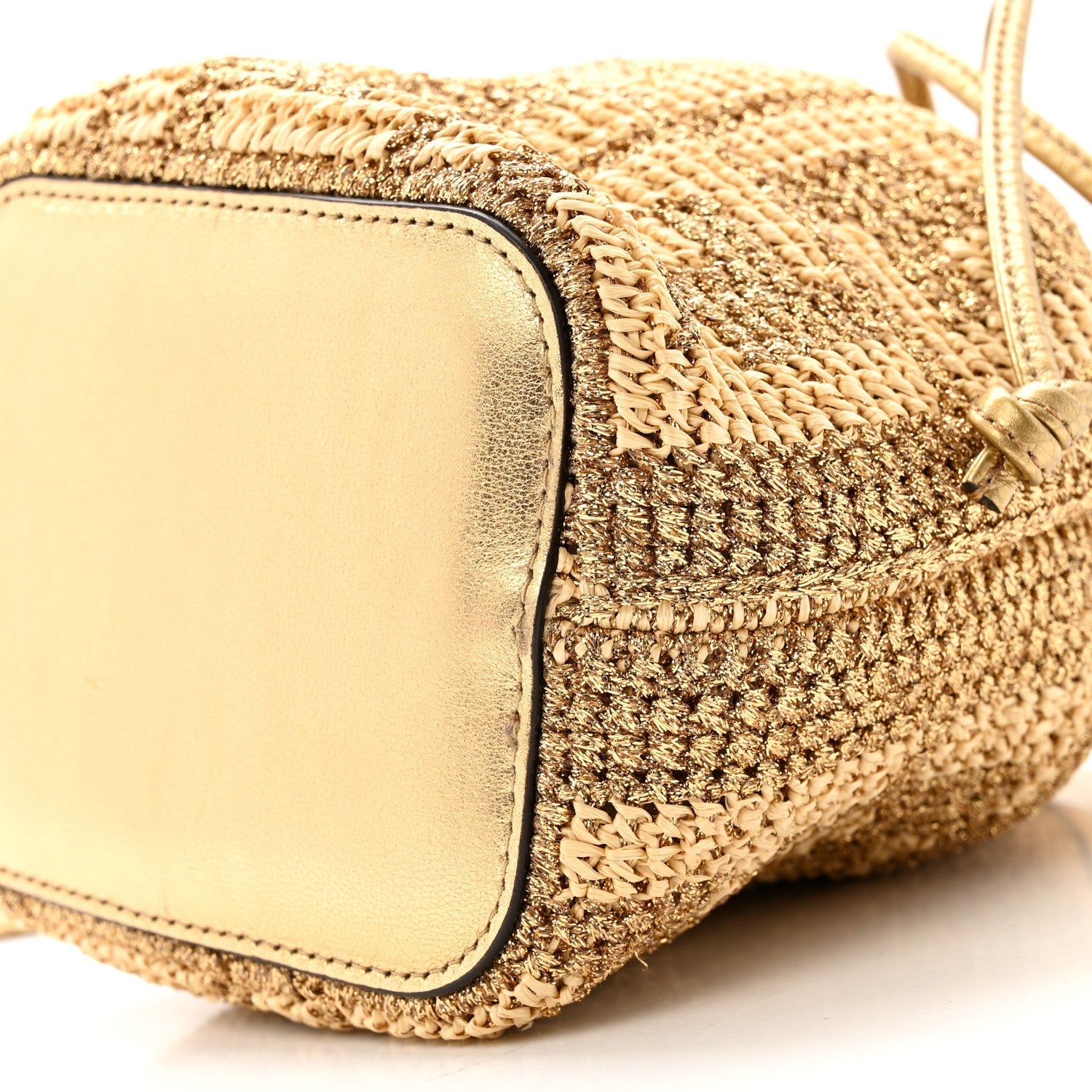 Raffia Lurex Vitello Laminato F is FNDI FF Crochet Mini Mon Tresor Bucket Bag Natural Oro