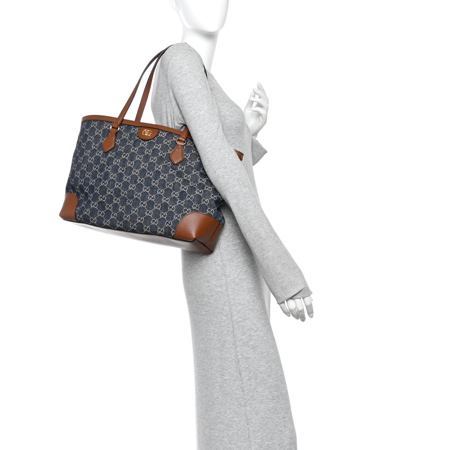 New Denim GG Monogram Medium Ophidia Shopping Tote Blue Tea Cuir