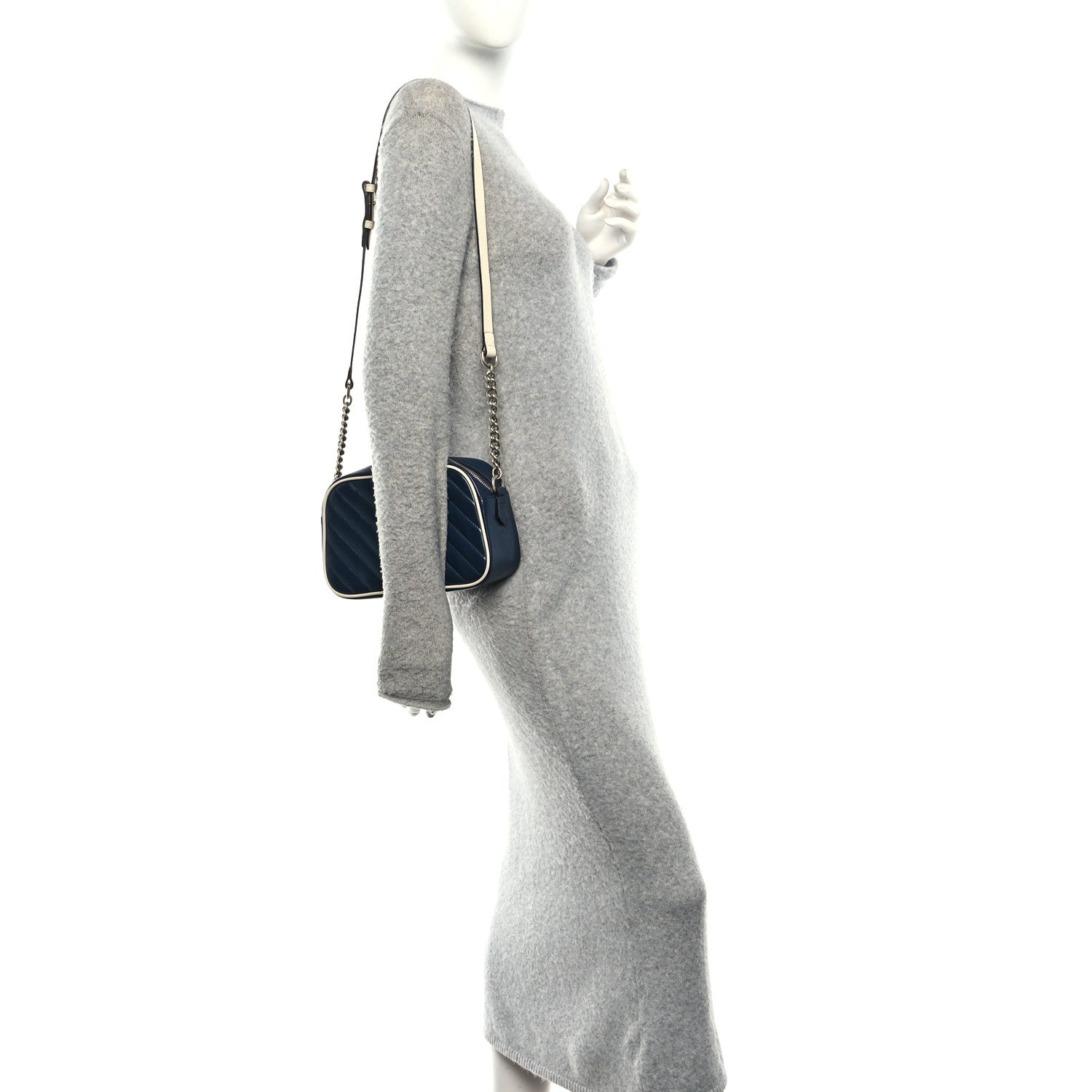 Vintage Effect Calfskin Matelasse Diagonal Small Torchon GG Marmont Chain Shoulder Bag Blue Agata Mystic White