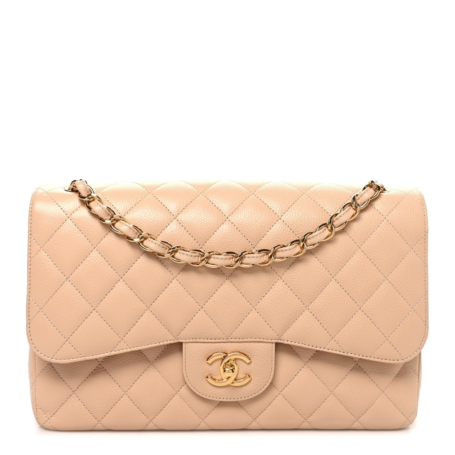 Caviar Quilted Jumbo Double Flap Beige