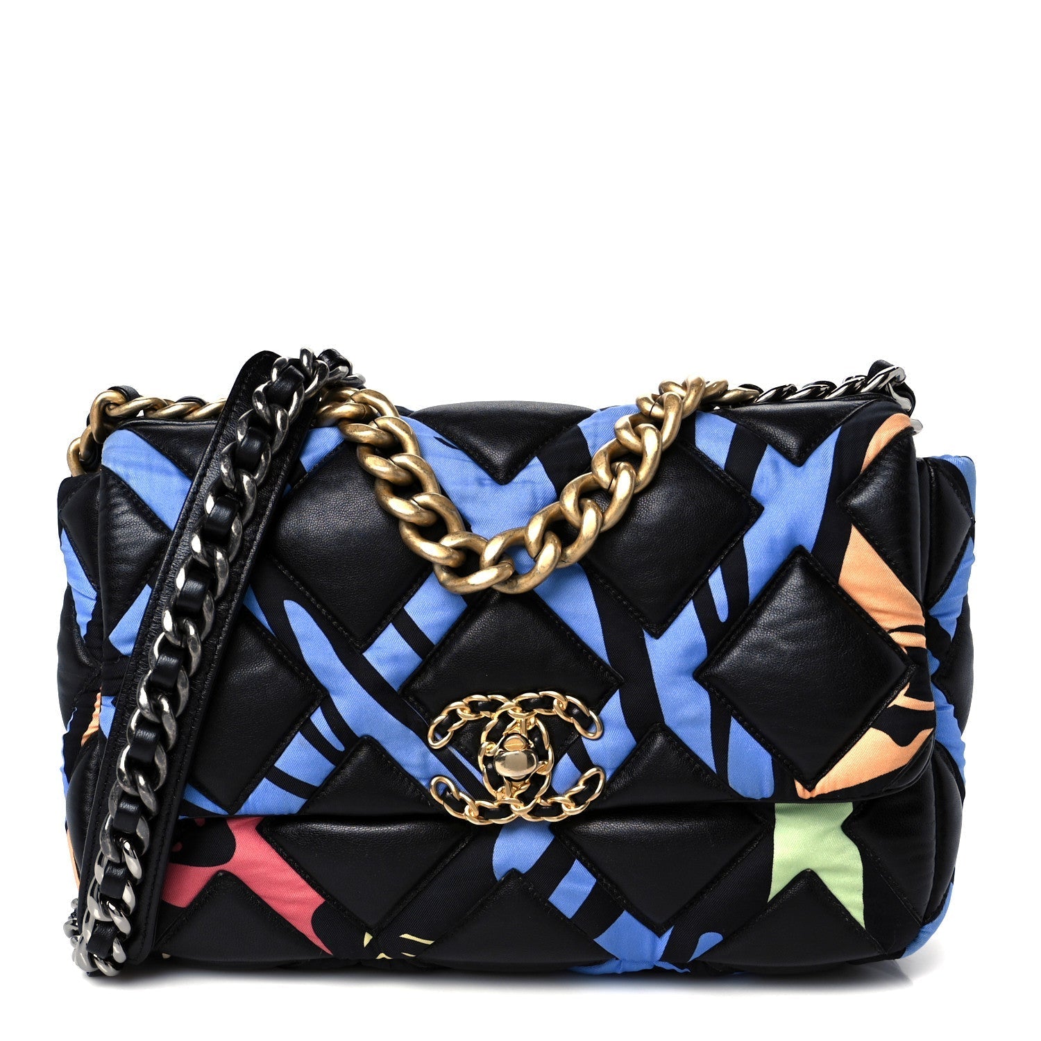 Lambskin Printed Fabric Medium CHNL 19 Flap Black Multicolor