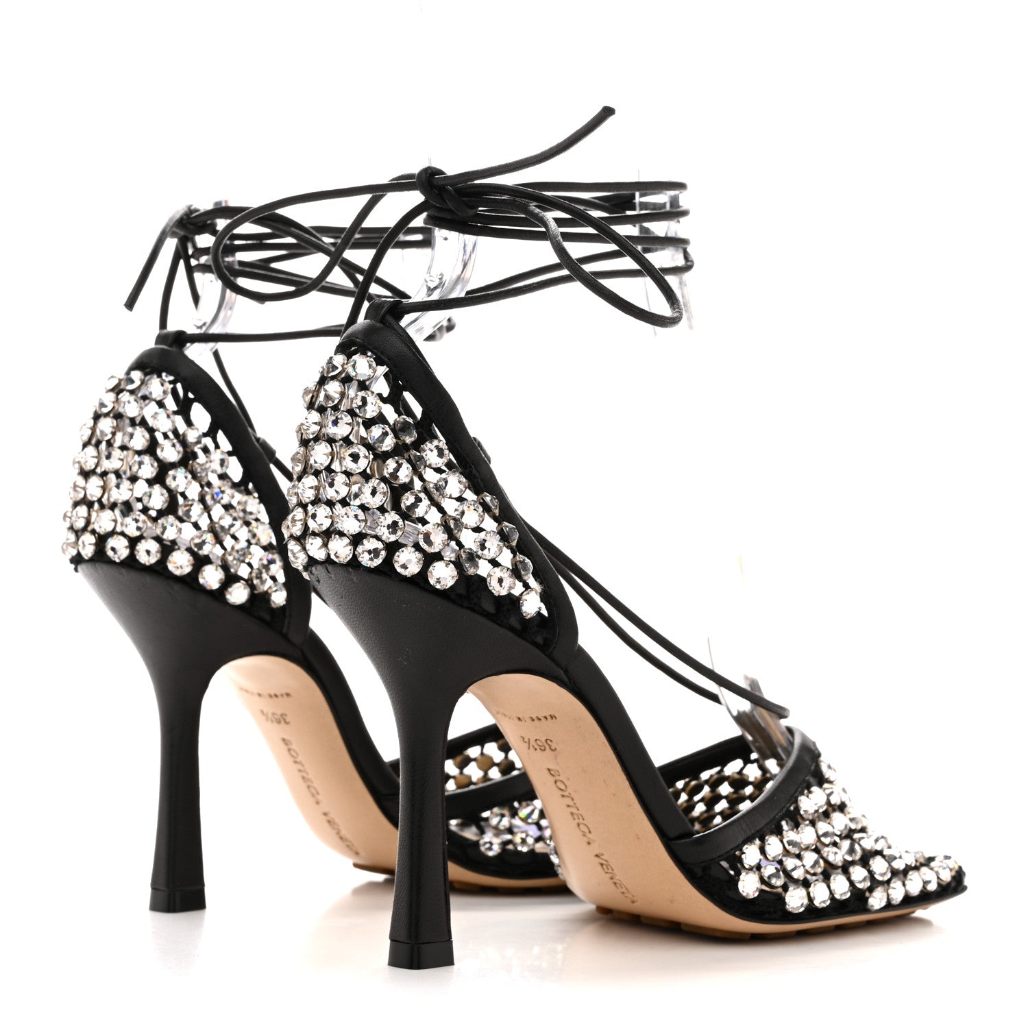Mesh Nappa Crystal Embellished Sparkle Stretch Ankle Tie Sandals 36.5 Black