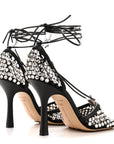 Mesh Nappa Crystal Embellished Sparkle Stretch Ankle Tie Sandals 36.5 Black