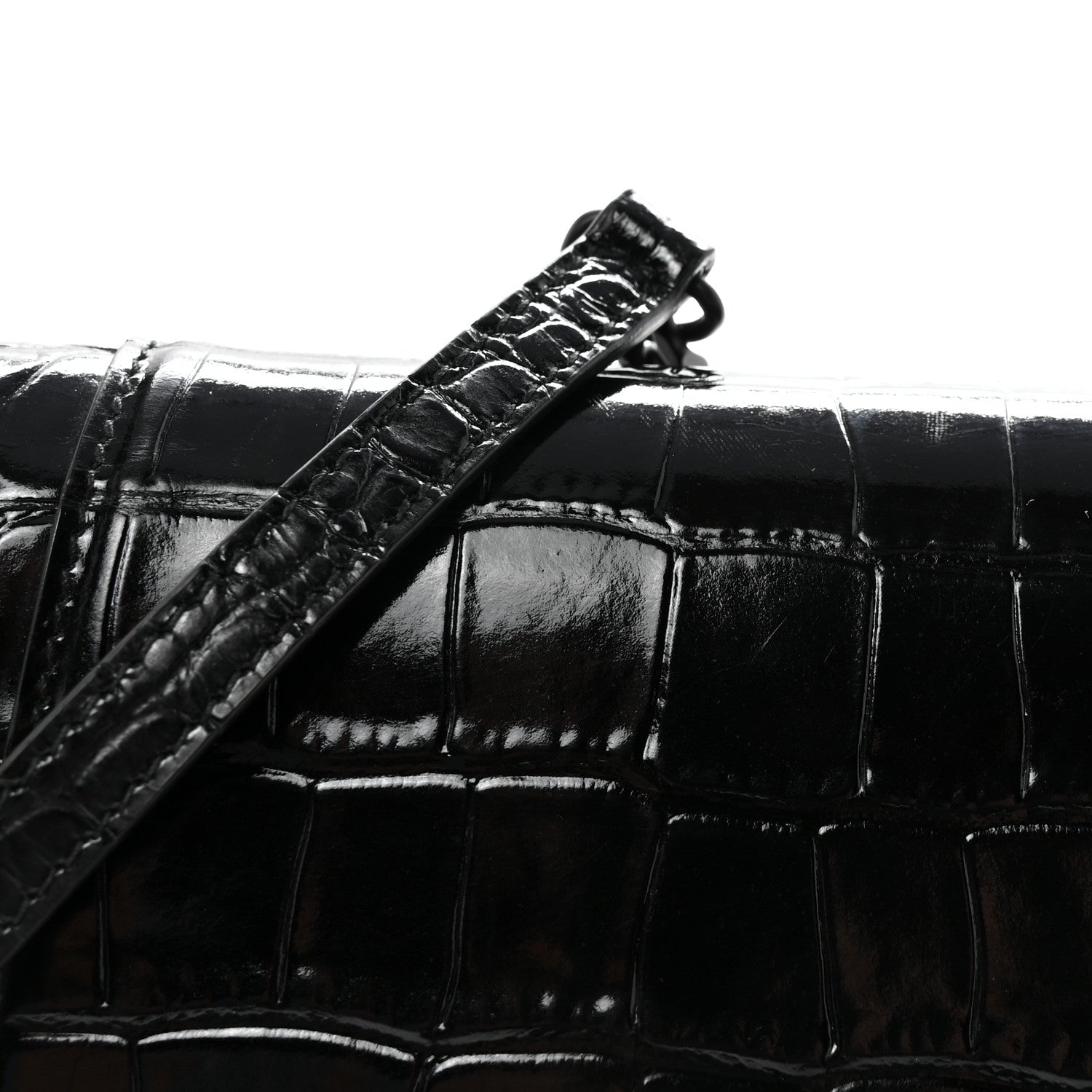 Shiny Calfskin Monochrome Crocodile Embossed Small Hourglass Evening Chain Bag Black