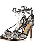 Mesh Nappa Crystal Embellished Sparkle Stretch Ankle Tie Sandals 36.5 Black