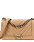 Caviar Chevron Quilted Medium Boy Flap Beige
