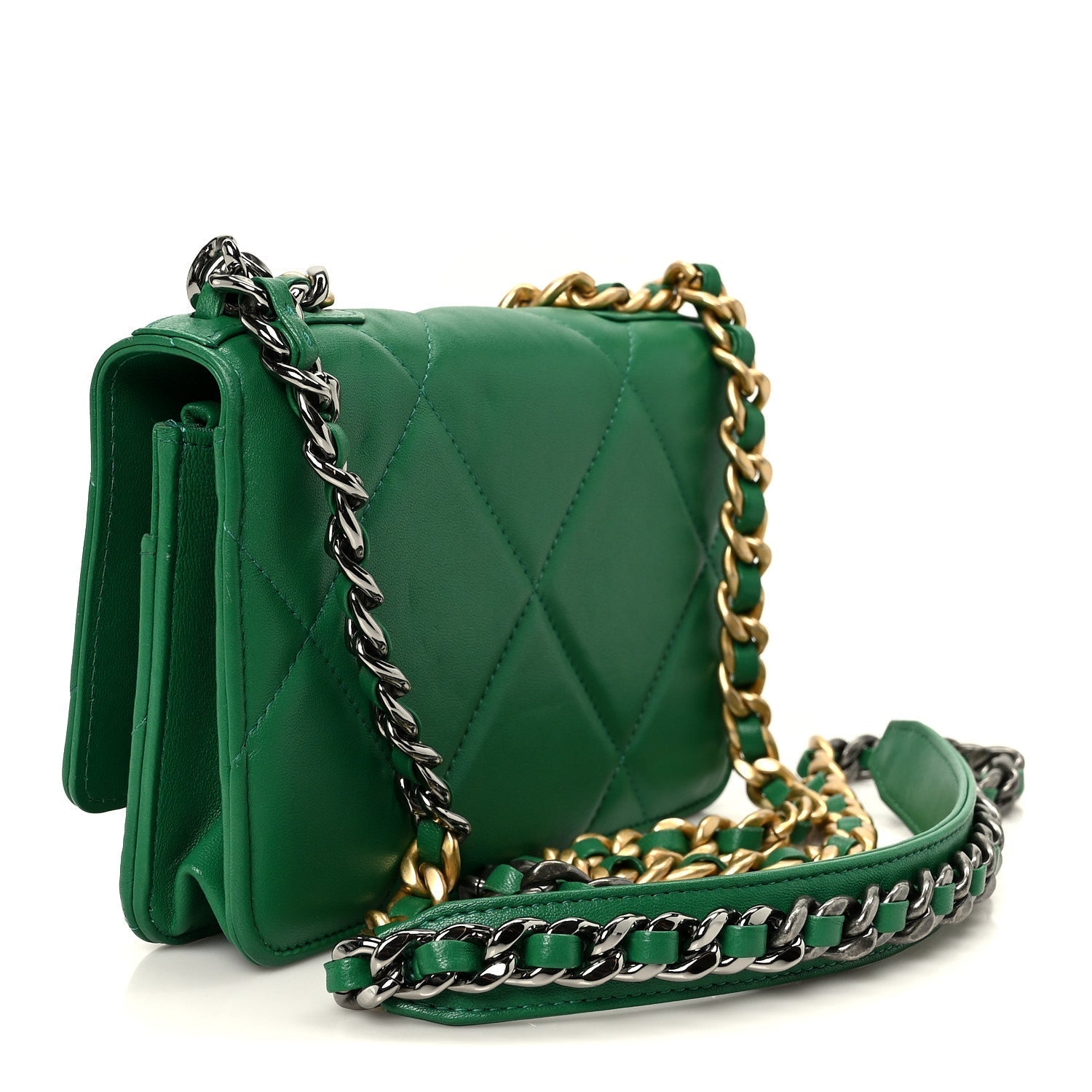 Lambskin Quilted CHNL 19 Wallet On Chain WOC Green