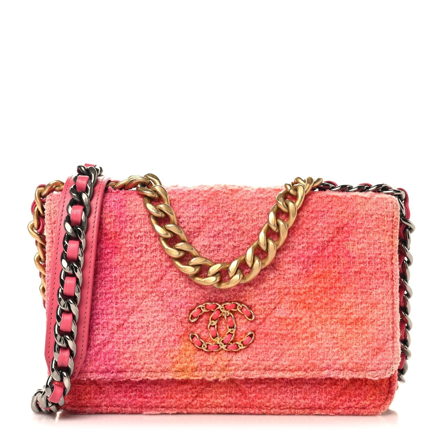 Wool Tweed Lambskin Quilted CHNL 19 Wallet On Chain WOC Coral Pink
