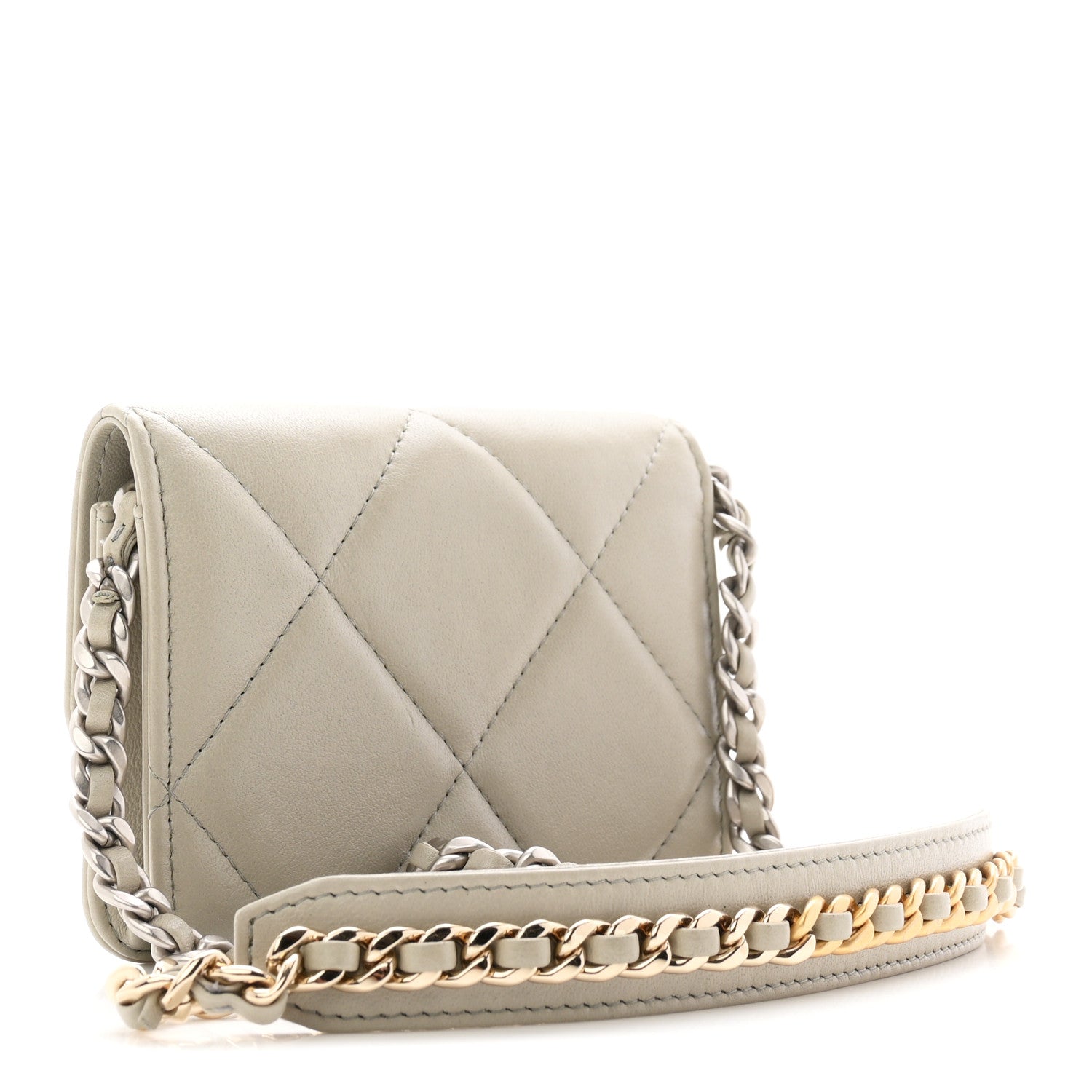 Lambskin Quilted CHNL 19 Flap Coin Purse With Chain Grey